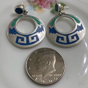 VTG Taxco Sterling Silver Turquoise Inlay Hoop Earrings